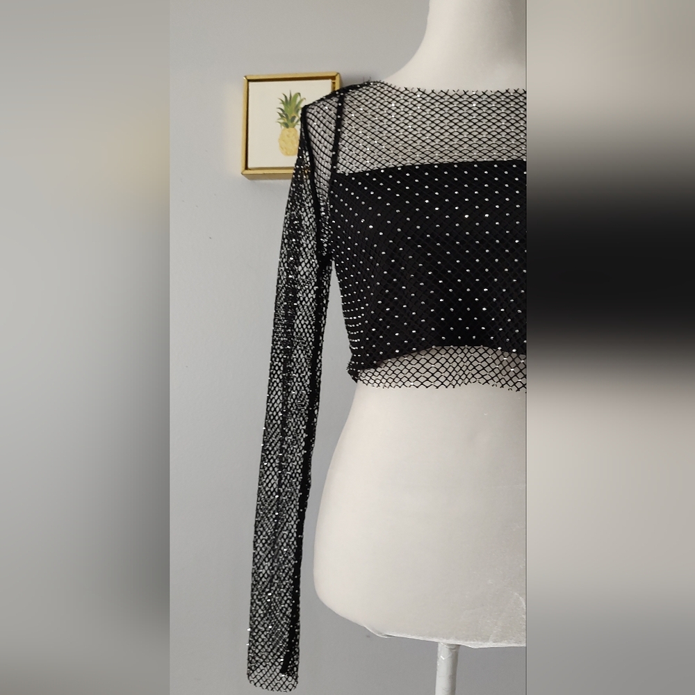 Sincerely Jules Crop top Mesh  Black Shiny Style Sexy  2 Piece New    Medium - Picture 3 of 10